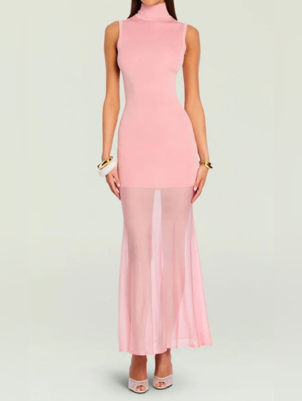 Sleeveless Pink Turtleneck Maxi Dress with Sheer Skirt